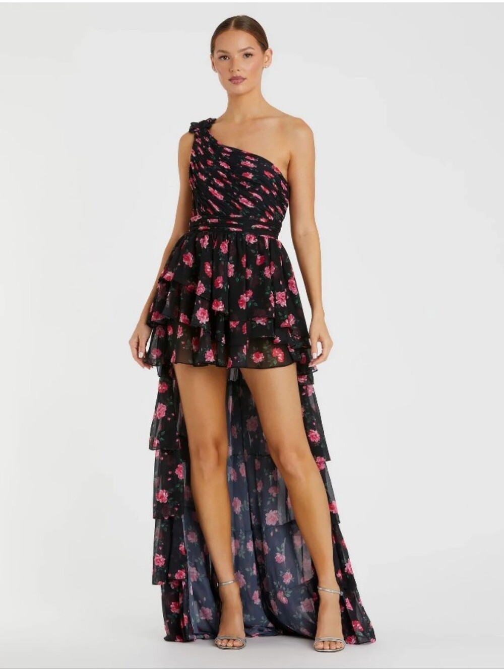 NWT Mac Duggal One shouldered ruffled rose print layered high-low dress 